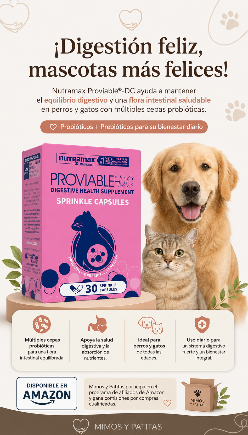 Nutramax Proviable Probióticos para Perros y Gatos – 30 Cápsulas