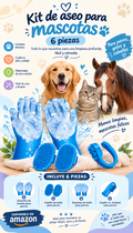 Kit de aseo para mascotas 6 piezas: guante, cepillo de baño y champú para perros, gatos y caballos