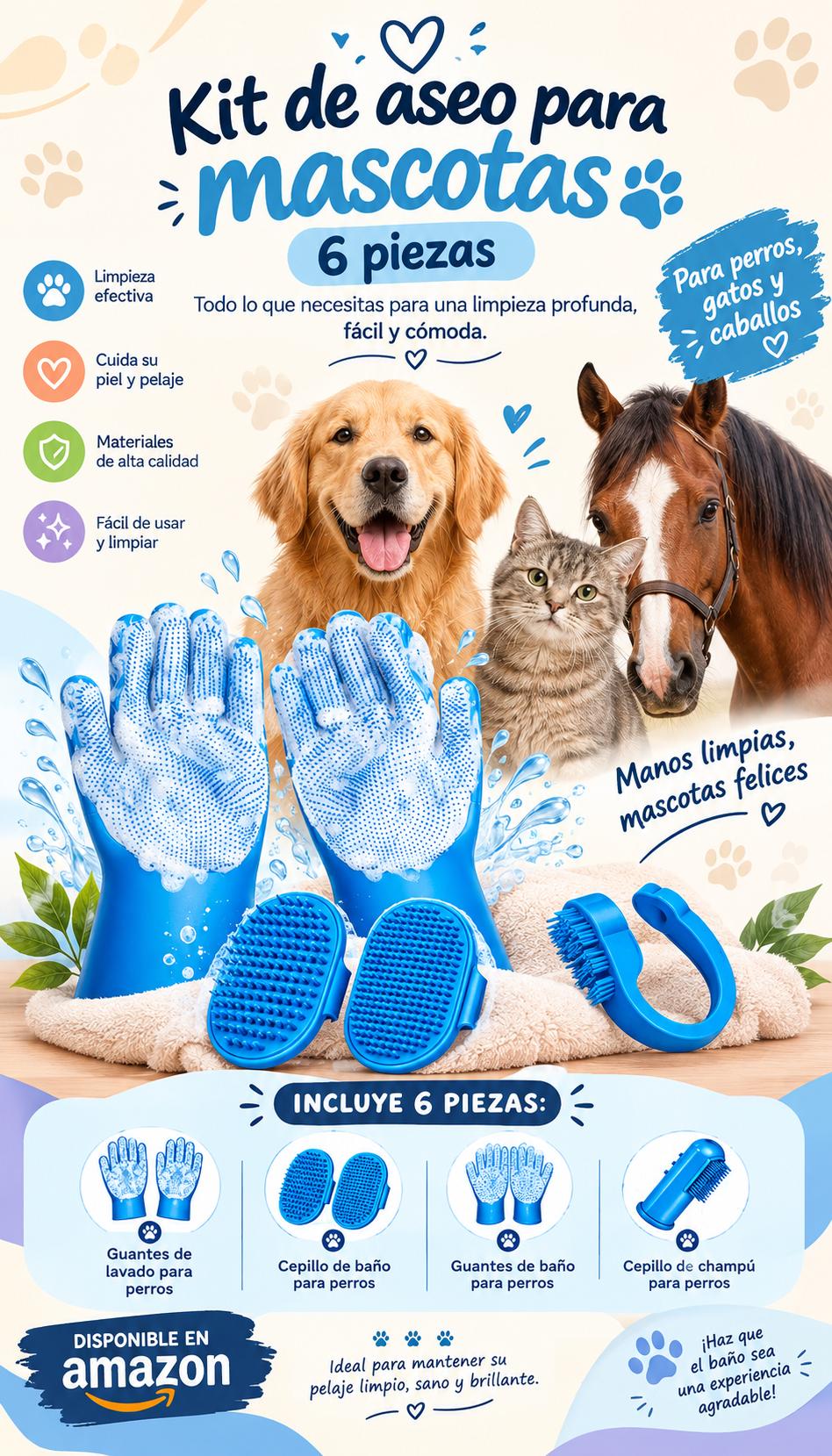 Kit de aseo para mascotas 6 piezas: guante, cepillo de baño y champú para perros, gatos y caballos